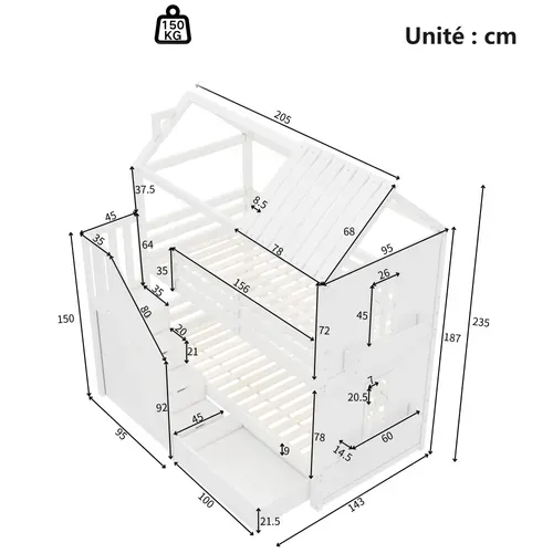 Lit Superposé 90x200 Cm - Lit Enfant Avec Rangement, Escalier Et Tiroirs - Blanc