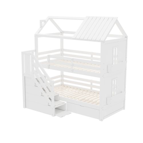 Lit Superposé 90x200 Cm - Lit Enfant Avec Rangement, Escalier Et Tiroirs - Blanc