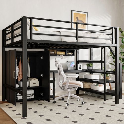 Lit Mezzanine 140x200 Cm Double - Bureau - Armoire - Escalier De Rangement - Structure Stable - Noir