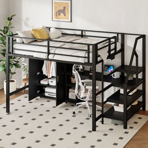 Lit Mezzanine 140x200 Cm Double - Bureau - Armoire - Escalier De Rangement - Structure Stable - Noir