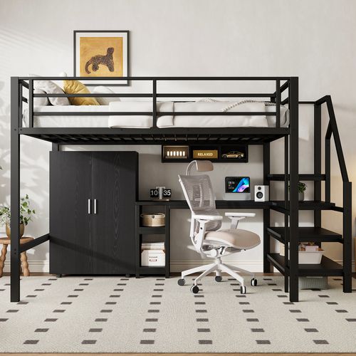 Lit Mezzanine 140x200 Cm Double - Bureau - Armoire - Escalier De Rangement - Structure Stable - Noir