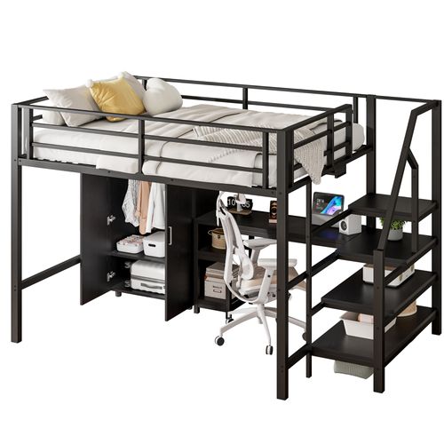 Lit Mezzanine 140x200 Cm Double - Bureau - Armoire - Escalier De Rangement - Structure Stable - Noir