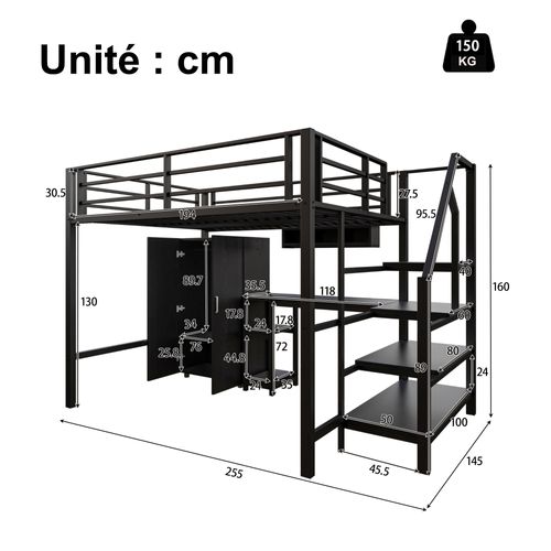 Lit Mezzanine 140x200 Cm Double - Bureau - Armoire - Escalier De Rangement - Structure Stable - Noir