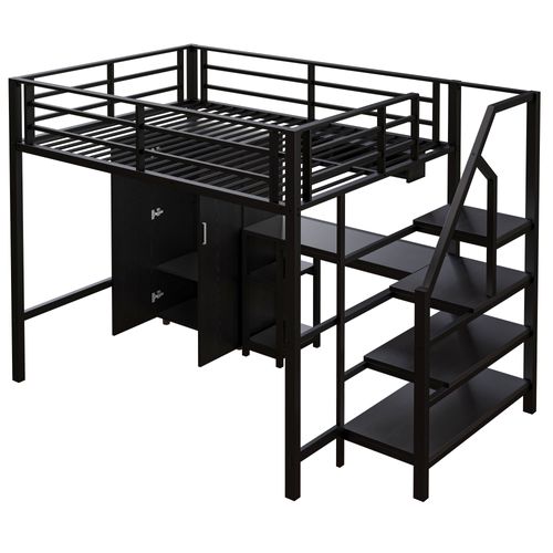 Lit Mezzanine 140x200 Cm Double - Bureau - Armoire - Escalier De Rangement - Structure Stable - Noir