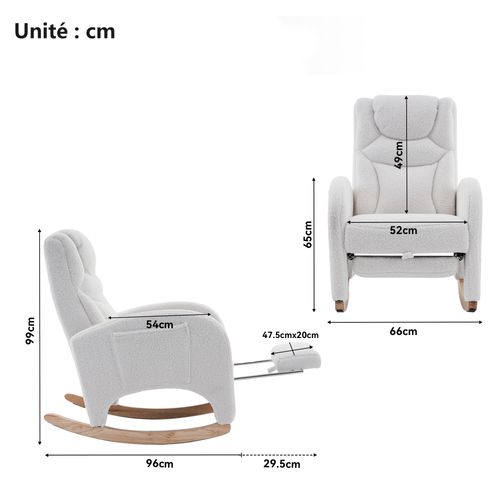 Fauteuil Relax à Bascule - Accoudoirs - Repose-pieds - Confort Salon - Tissu Polaire Teddy - Blanc
