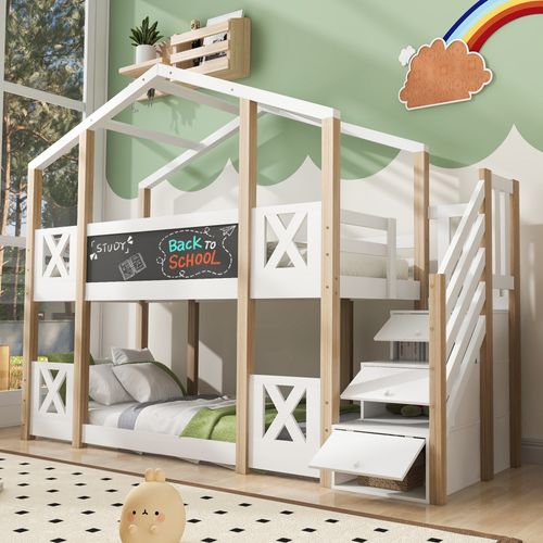 Lit Superposé 90x200 Cm - Lit Cabane Avec Rangement - Design Moderne - Stable - Blanc