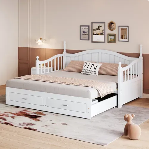 Lit Gigogne 90/180x190 Cm - Tiroir, Rangement - Sommier à Lattes - Extensible - Pratique - Blanc