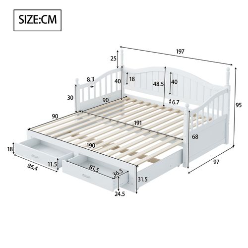 Lit Gigogne 90/180x190 Cm - Tiroir, Rangement - Sommier à Lattes - Extensible - Pratique - Blanc