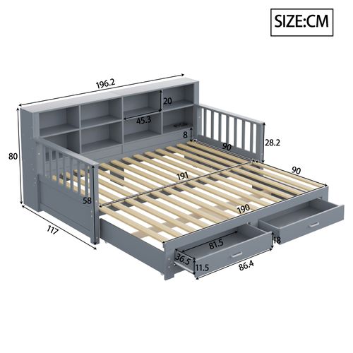 Lit Gigogne 90/180x190 Cm - Coffres Rangement - Port USB - Extensible Multifonction - Mdf - Gris