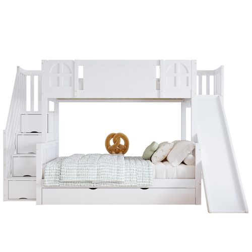 Lit Superposé Cabane 90×200 Cm - Toboggan - Escalier - Rangements Intégrés - Pin Et Mdf - Blanc