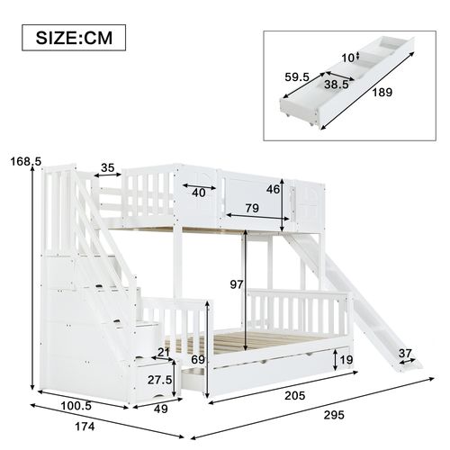 Lit Superposé Cabane 90×200 Cm - Toboggan - Escalier - Rangements Intégrés - Pin Et Mdf - Blanc