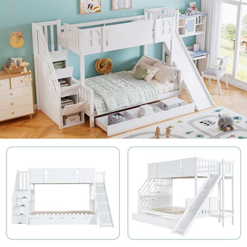 Lit Superposé Cabane 90×200 Cm - Toboggan - Escalier - Rangements Intégrés - Pin Et Mdf - Blanc