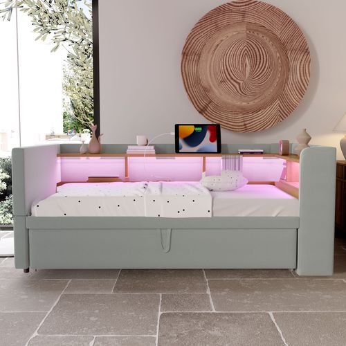Lit Gigogne 90/180x190 Cm - Rangement - LED - USB - Convertible Ado - Flanelle - Gris Clair
