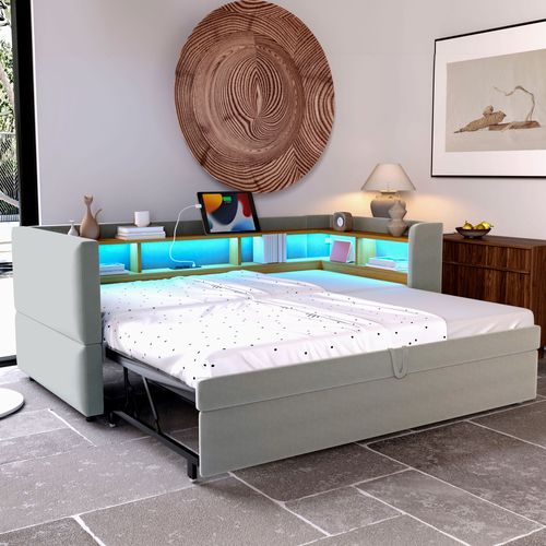 Lit Gigogne 90/180x190 Cm - Rangement - LED - USB - Convertible Ado - Flanelle - Gris Clair