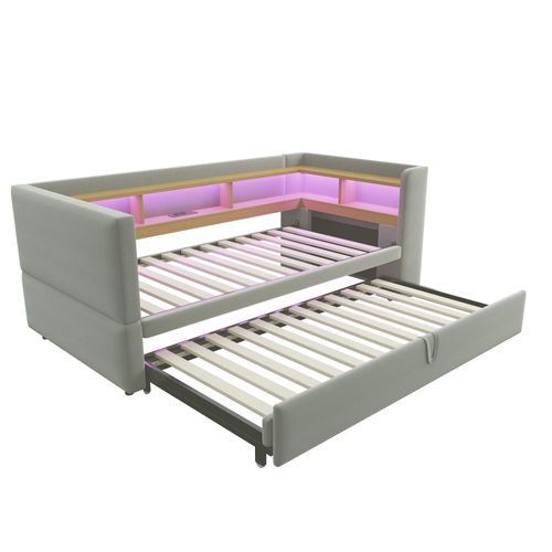 Lit Gigogne 90/180x190 Cm - Rangement - LED - USB - Convertible Ado - Flanelle - Gris Clair