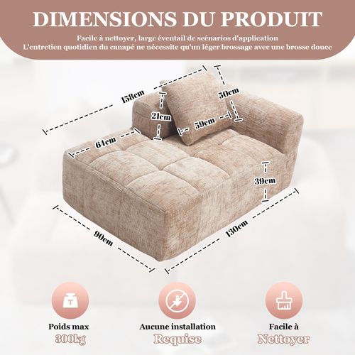 Méridienne Intérieure Contemporaine Avec Poches Latérales, Revêtement Chenille, Assise Mousse Kaki