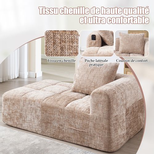 Méridienne Intérieure Contemporaine Avec Poches Latérales, Revêtement Chenille, Assise Mousse Kaki