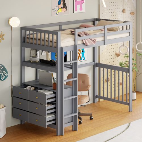 Lit Mezzanine 90x200 Cm - Lit Combiné Avec Échelle Intégrée - Tiroirs Et Étagères - Gris