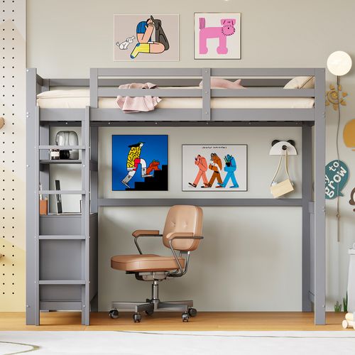 Lit Mezzanine 90x200 Cm - Lit Combiné Avec Échelle Intégrée - Tiroirs Et Étagères - Gris