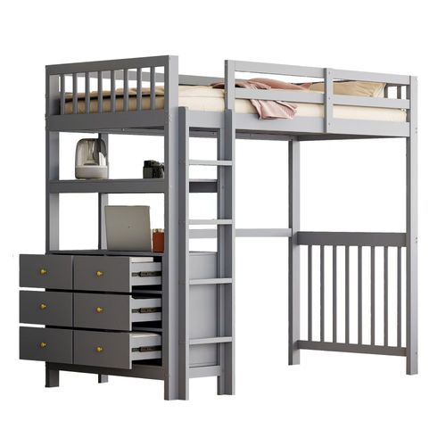 Lit Mezzanine 90x200 Cm - Lit Combiné Avec Échelle Intégrée - Tiroirs Et Étagères - Gris
