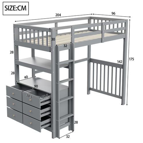 Lit Mezzanine 90x200 Cm - Lit Combiné Avec Échelle Intégrée - Tiroirs Et Étagères - Gris