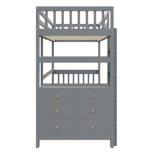 Lit Mezzanine 90x200 Cm - Lit Combiné Avec Échelle Intégrée - Tiroirs Et Étagères - Gris