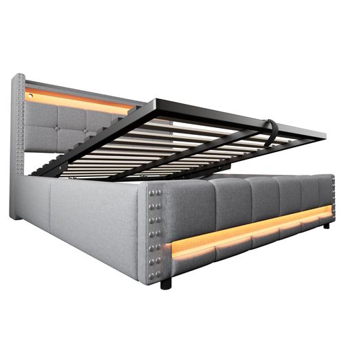 Lit Coffre 160x200 Cm - Lit Capitonné Avec LED, Prise USB Et Étagère De Rangement - Lin Gris Clair
