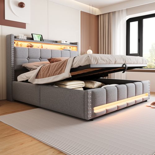 Lit Coffre 160x200 Cm - Lit Capitonné Avec LED, Prise USB Et Étagère De Rangement - Lin Gris Clair