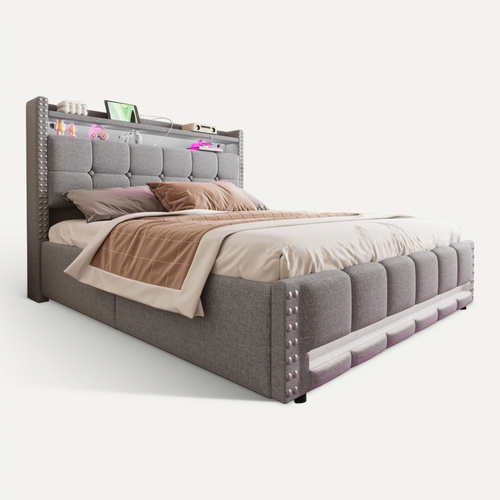 Lit Coffre 160x200 Cm - Lit Capitonné Avec LED, Prise USB Et Étagère De Rangement - Lin Gris Clair