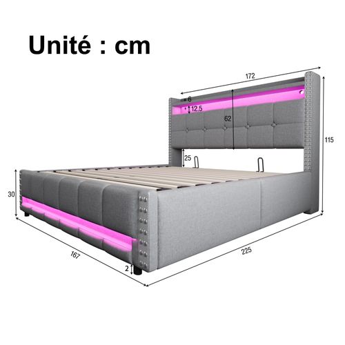 Lit Coffre 160x200 Cm - Lit Capitonné Avec LED, Prise USB Et Étagère De Rangement - Lin Gris Clair