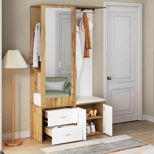 Vestiaire D’entrée - Miroir Avec Penderie Extensible Et Tiroirs Mdf Particules - Blanc + Naturel