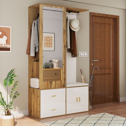 Vestiaire D’entrée - Miroir Avec Penderie Extensible Et Tiroirs Mdf Particules - Blanc + Naturel