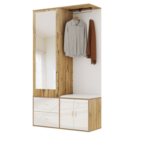 Vestiaire D’entrée - Miroir Avec Penderie Extensible Et Tiroirs Mdf Particules - Blanc + Naturel