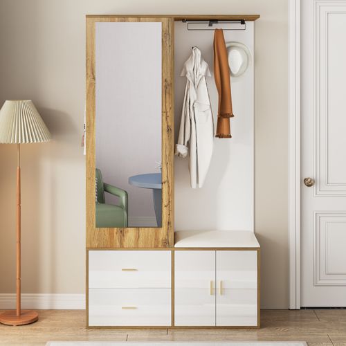 Vestiaire D’entrée - Miroir Avec Penderie Extensible Et Tiroirs Mdf Particules - Blanc + Naturel