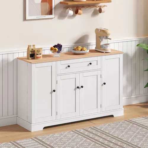 Buffet Bas 4 Portes 1 Tiroir, Rangement Avec Étagères Ajustables, MDF, Blanc+Naturel