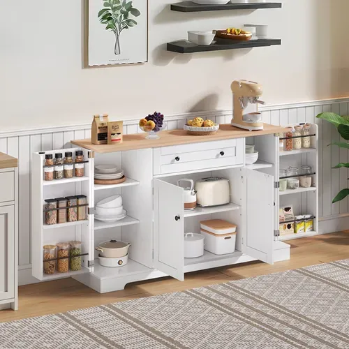 Buffet Bas 4 Portes 1 Tiroir, Rangement Avec Étagères Ajustables, MDF, Blanc+Naturel