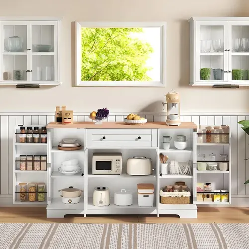 Buffet Bas 4 Portes 1 Tiroir, Rangement Avec Étagères Ajustables, MDF, Blanc+Naturel