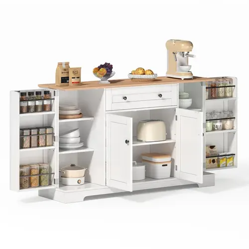 Buffet Bas 4 Portes 1 Tiroir, Rangement Avec Étagères Ajustables, MDF, Blanc+Naturel