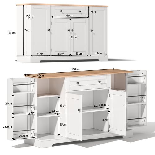 Buffet Bas 4 Portes 1 Tiroir, Rangement Avec Étagères Ajustables, MDF, Blanc+Naturel