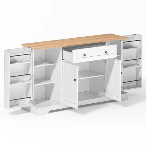 Buffet Bas 4 Portes 1 Tiroir, Rangement Avec Étagères Ajustables, MDF, Blanc+Naturel