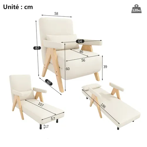 Fauteuil Convertible Multifonction - Couchage Individuel - Coussin Inclus - Structure Stable - Beige