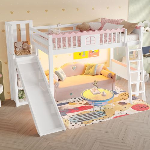 Lit Mezzanine 90x200 Cm - Lit Enfant Avec Toboggan - Étagère - Lumière LED - Blanc