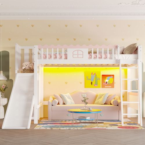 Lit Mezzanine 90x200 Cm - Lit Enfant Avec Toboggan - Étagère - Lumière LED - Blanc