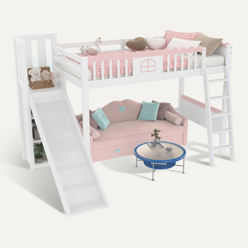 Lit Mezzanine 90x200 Cm - Lit Enfant Avec Toboggan - Étagère - Lumière LED - Blanc