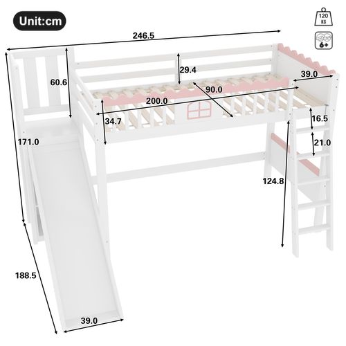 Lit Mezzanine 90x200 Cm - Lit Enfant Avec Toboggan - Étagère - Lumière LED - Blanc