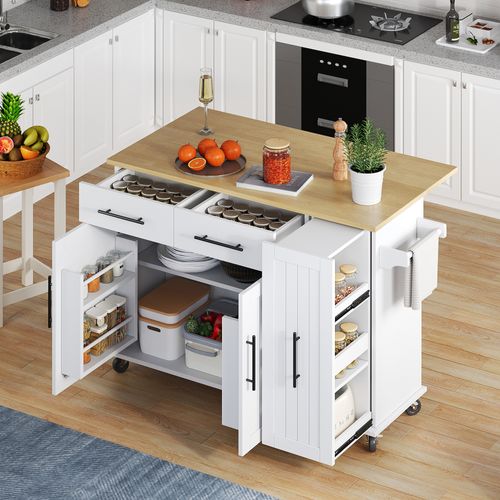 Îlot De Cuisine - Buffet De Cuisine - Plan Rabattable - Rangement Et Porte-serviettes - Mdf - Blanc