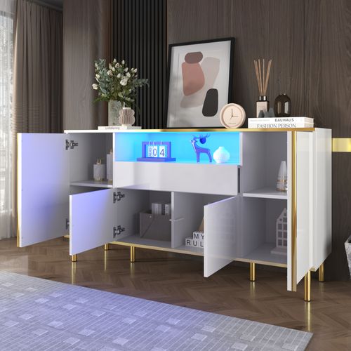 Buffet Blanc Laqué Moderne Avec Tiroir Et Éclairage LED - Structure Mdf Et Panneaux De Particules