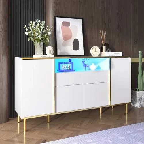 Buffet Blanc Laqué Moderne Avec Tiroir Et Éclairage LED - Structure Mdf Et Panneaux De Particules