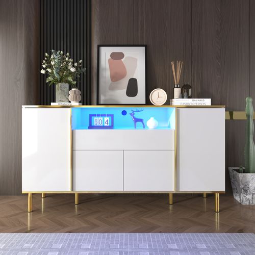 Buffet Blanc Laqué Moderne Avec Tiroir Et Éclairage LED - Structure Mdf Et Panneaux De Particules