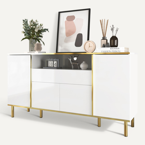 Buffet Blanc Laqué Moderne Avec Tiroir Et Éclairage LED - Structure Mdf Et Panneaux De Particules